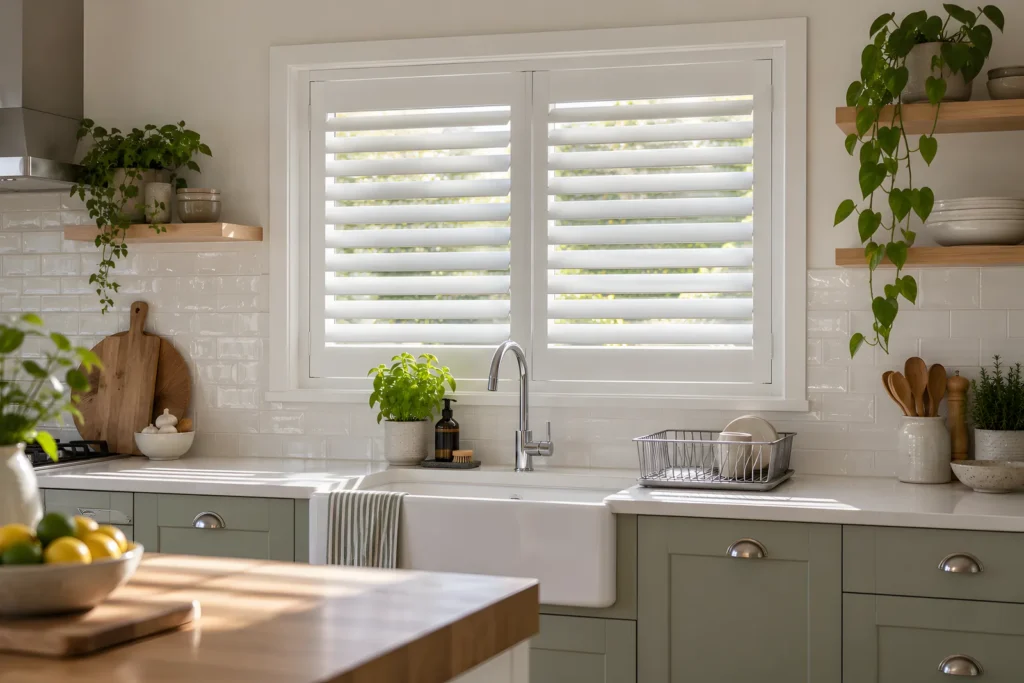 Glacial White PVC plantation shutters on a kitchen window above a sink