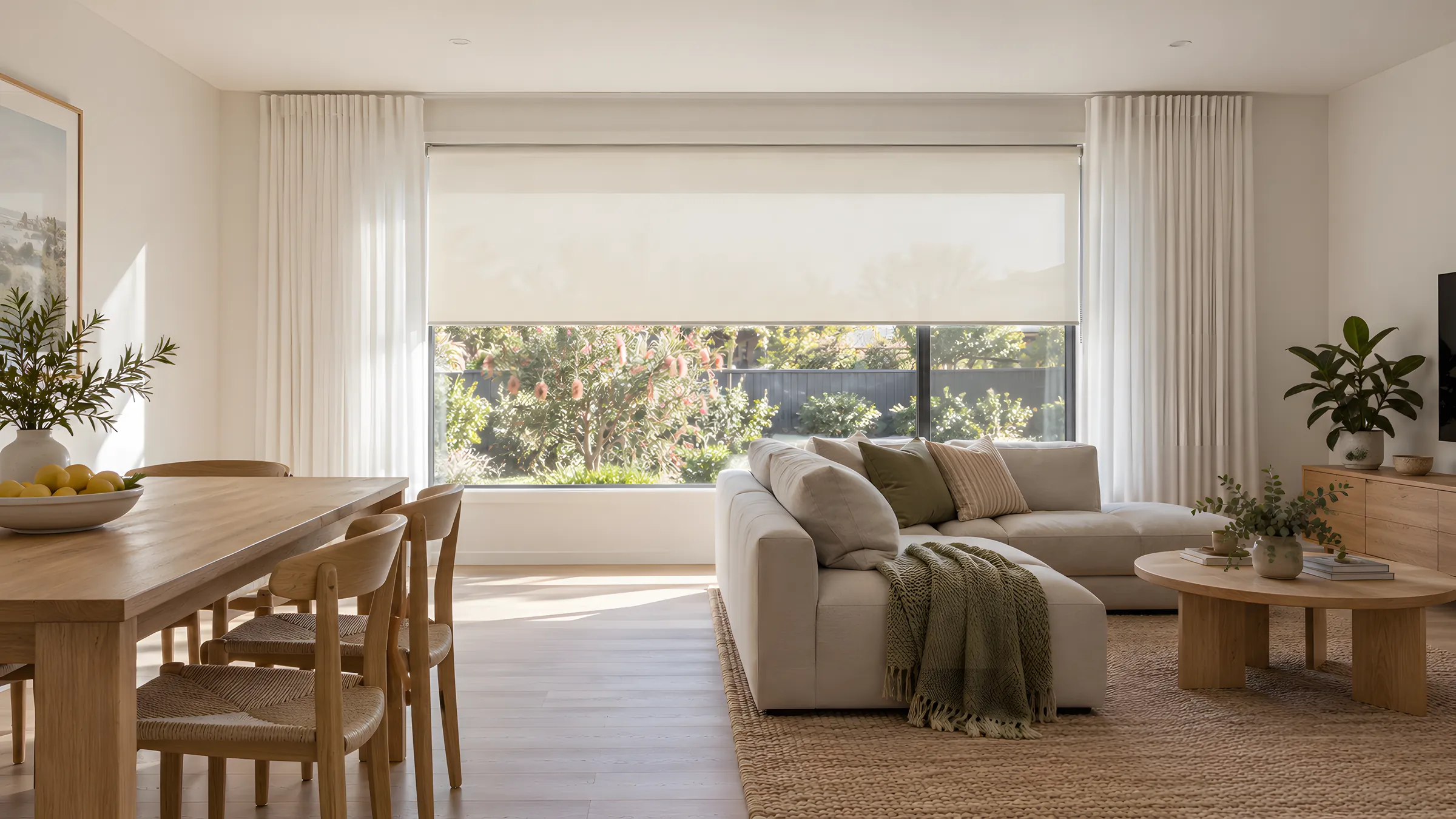 Window treatment ideas: S Fold sheer curtains drawn back over a half-lowered Light Filter roller blind in a living room