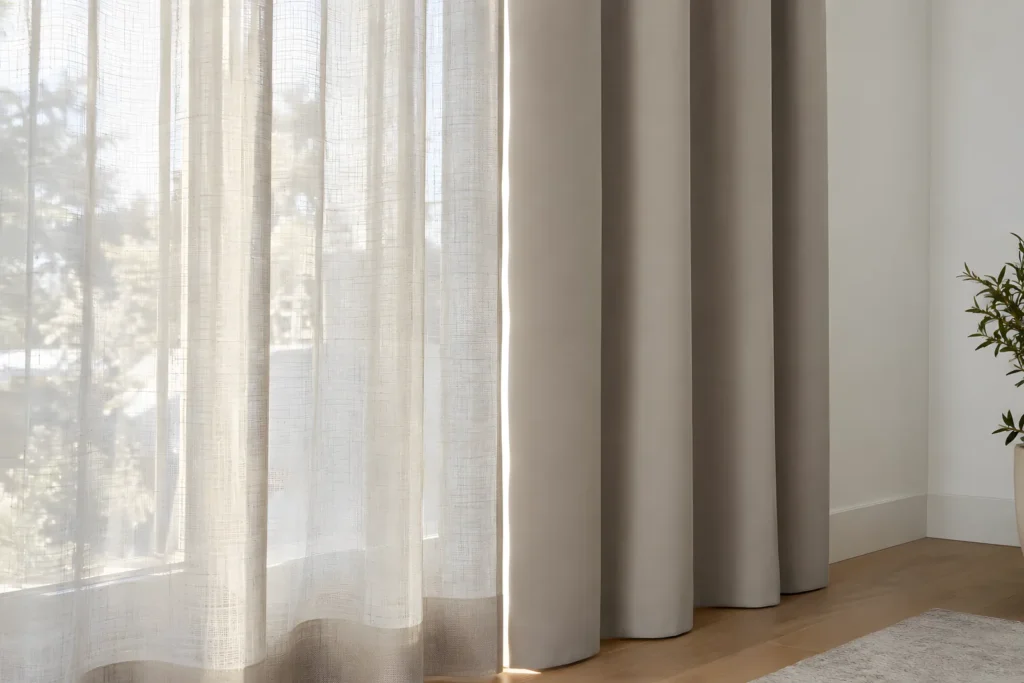 Close-up of a sheer curtain fabric and a blockout curtain fabric side by side in daylight