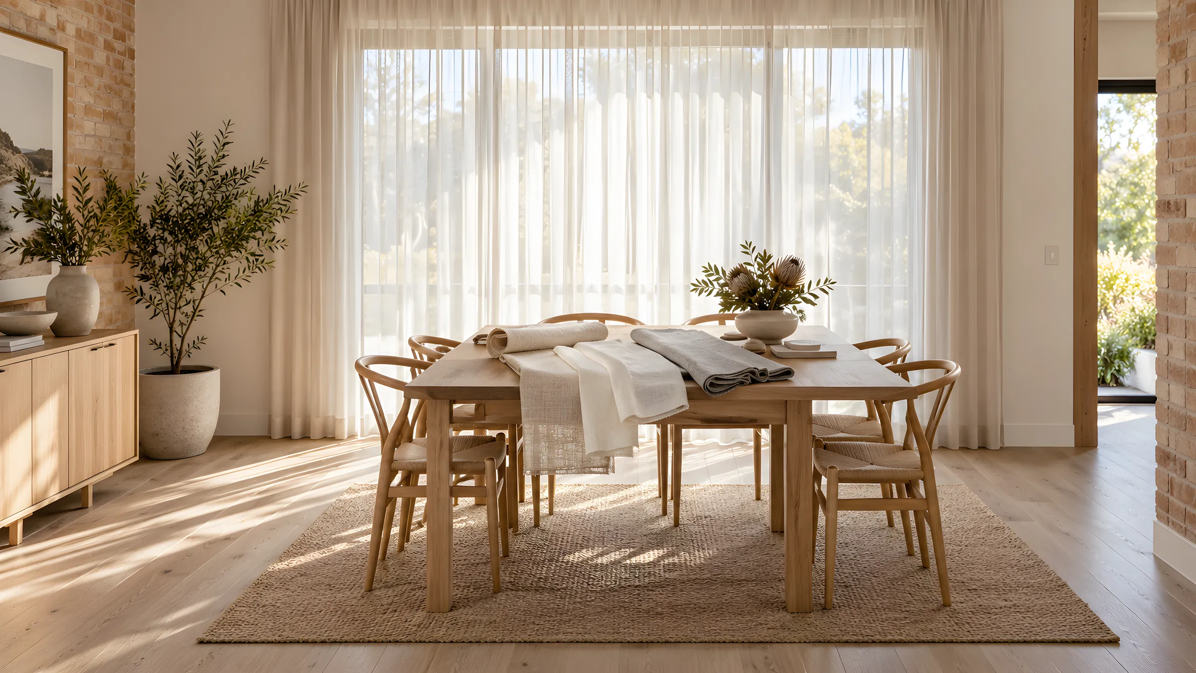 Curtain material samples fanned out on a timber table in front of sheer curtains