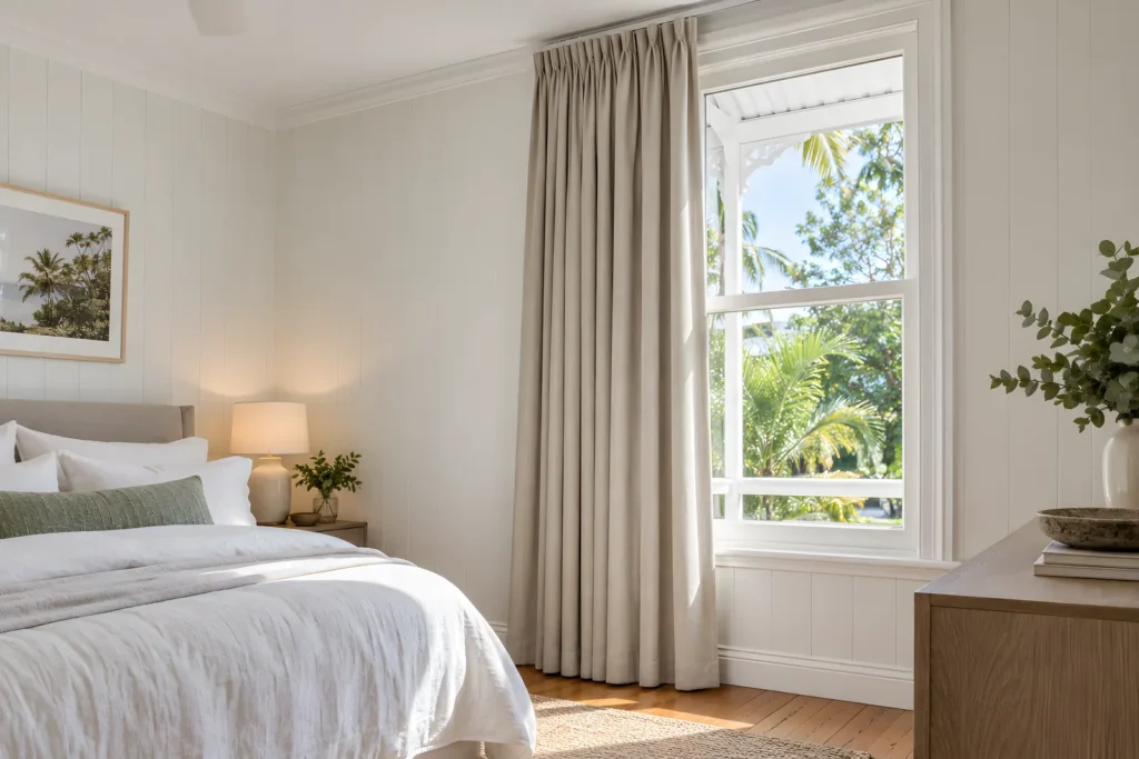 Triple pinch pleat blockout curtain in Epic Putty hanging from a white ceiling track in a bedroom