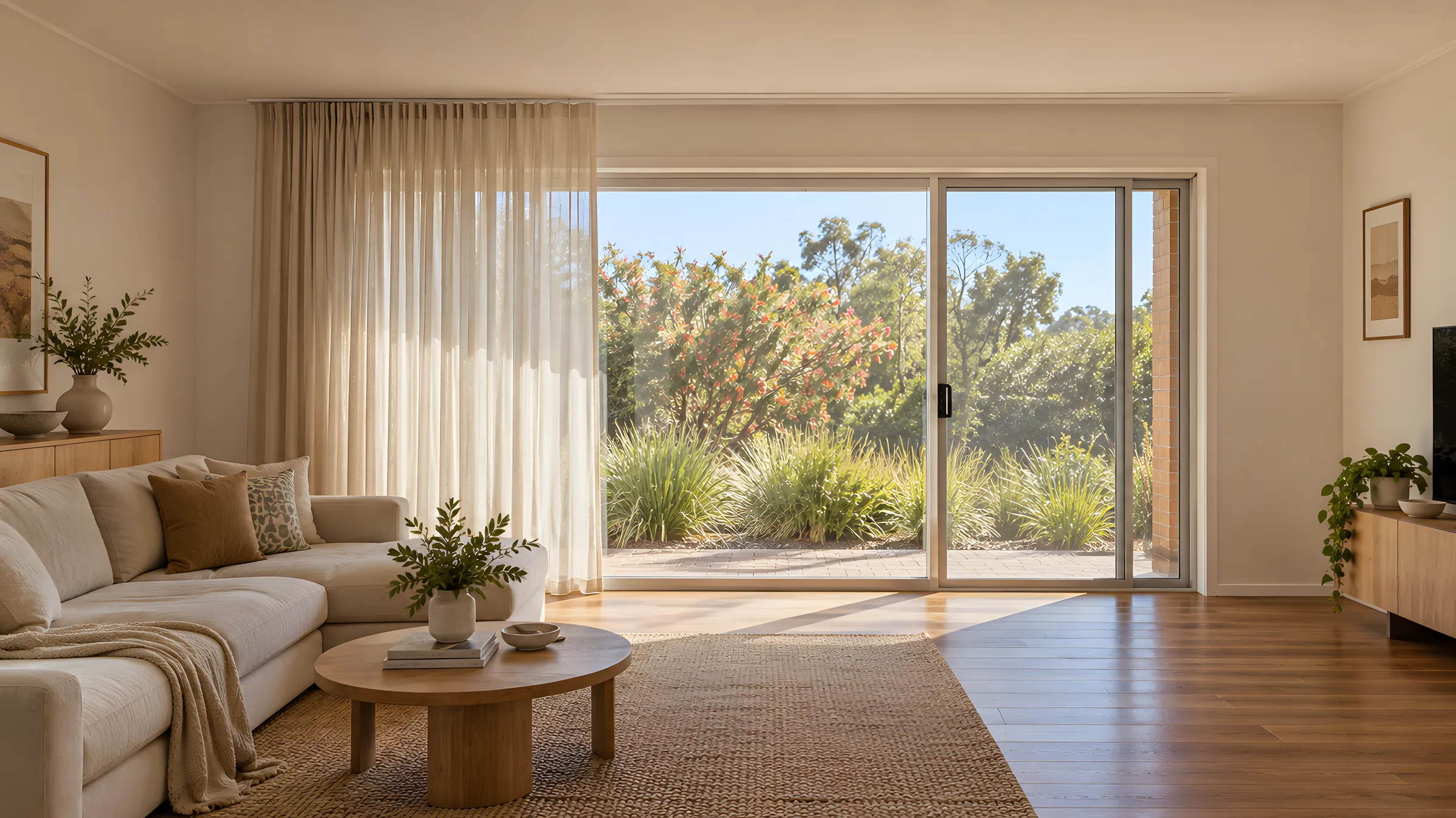 Curtain headings: S Fold sheer curtains in soft waves from a white ceiling track beside a sliding door