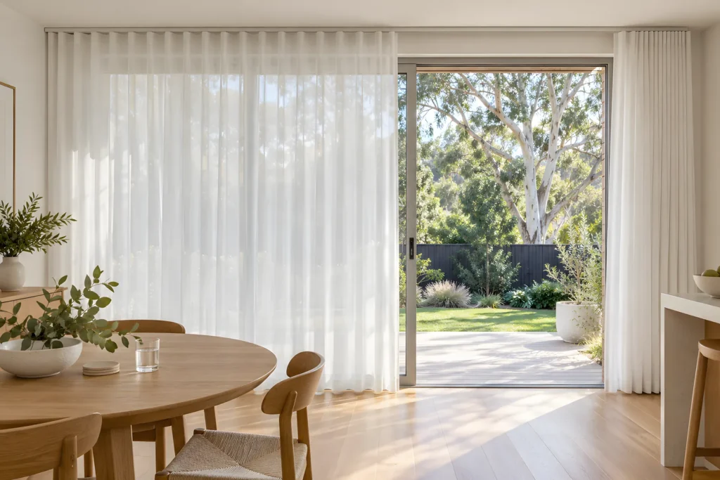 Sheer curtains on a ceiling track across a wide sliding glass door, split so one section is drawn open