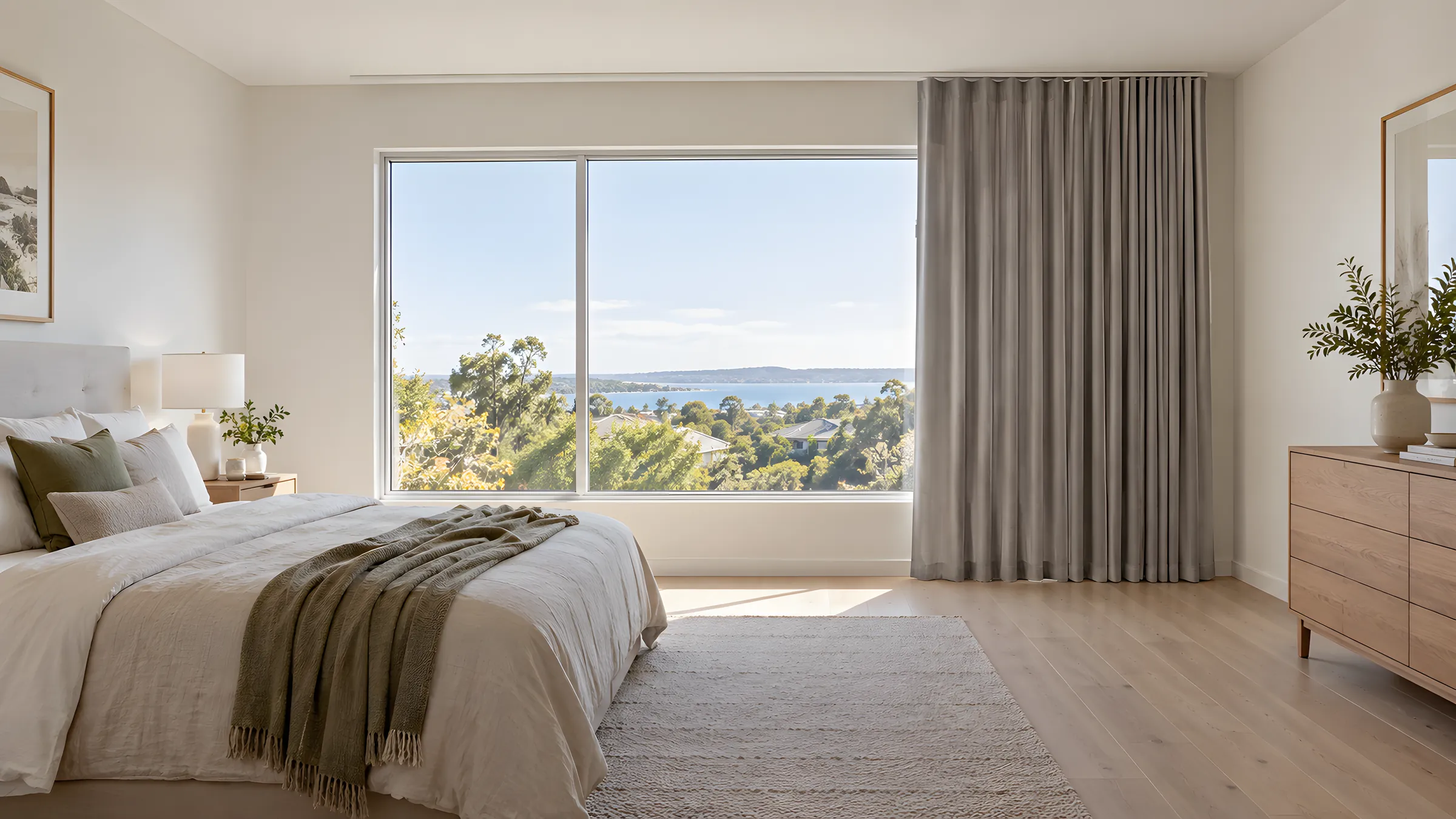 Curtain rod vs curtain track: blockout S Fold curtains hanging from a white Designer track fixed to a bedroom ceiling