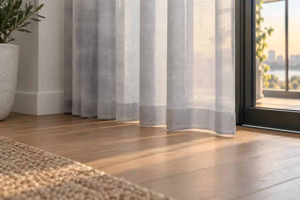 Close view of a curtain hem hovering just above a timber floor