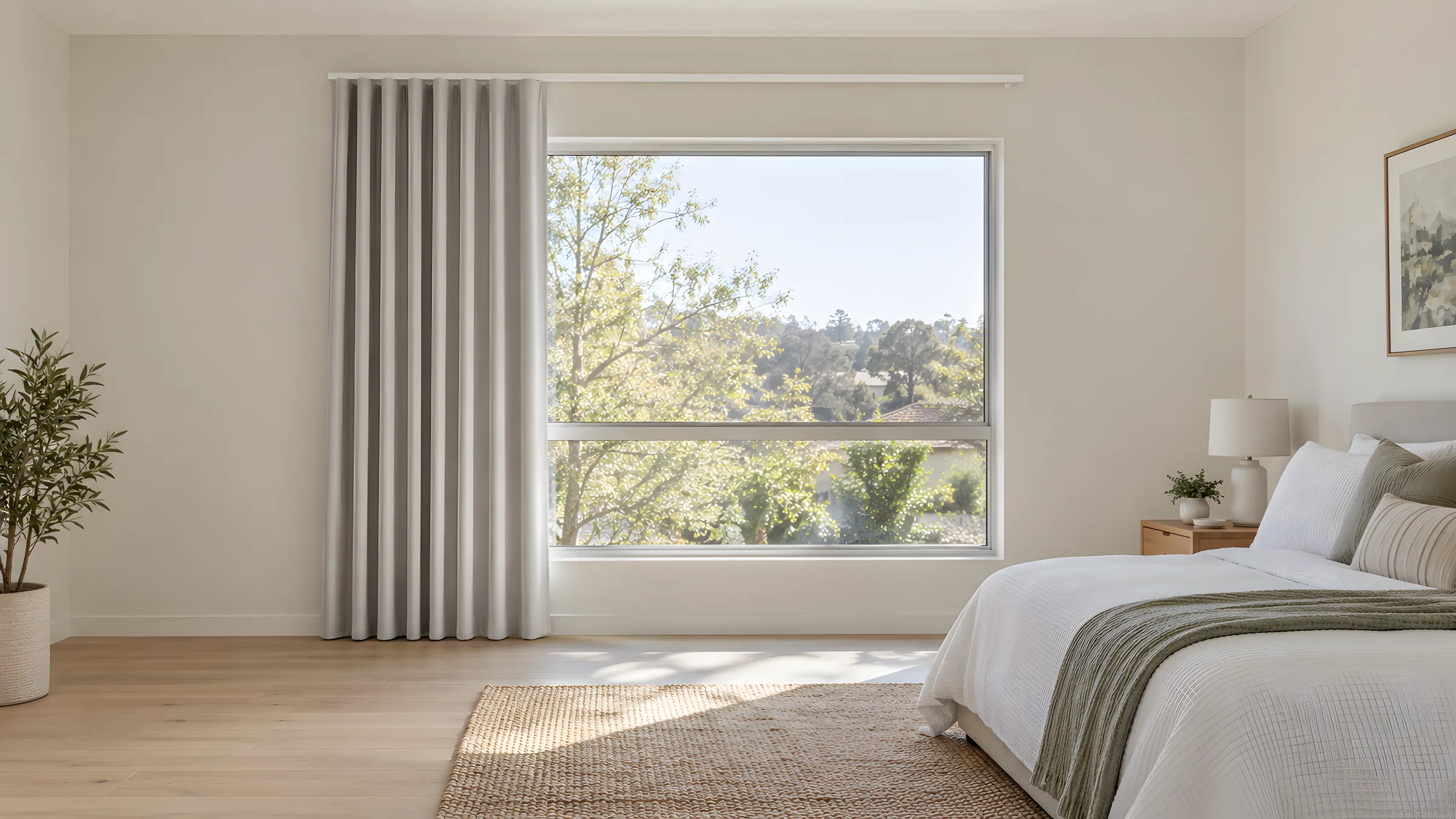 How long should curtains be? Floor-length curtains hanging just above the floor beside a bedroom window