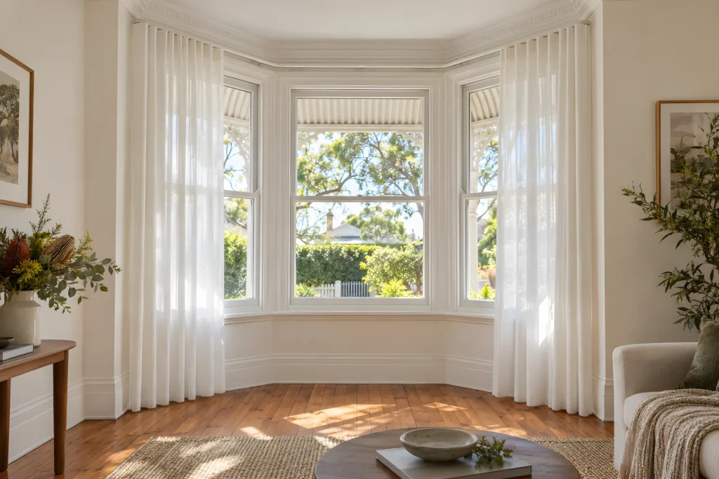 Curved curtain track following a three-sided bay window with sheer curtains