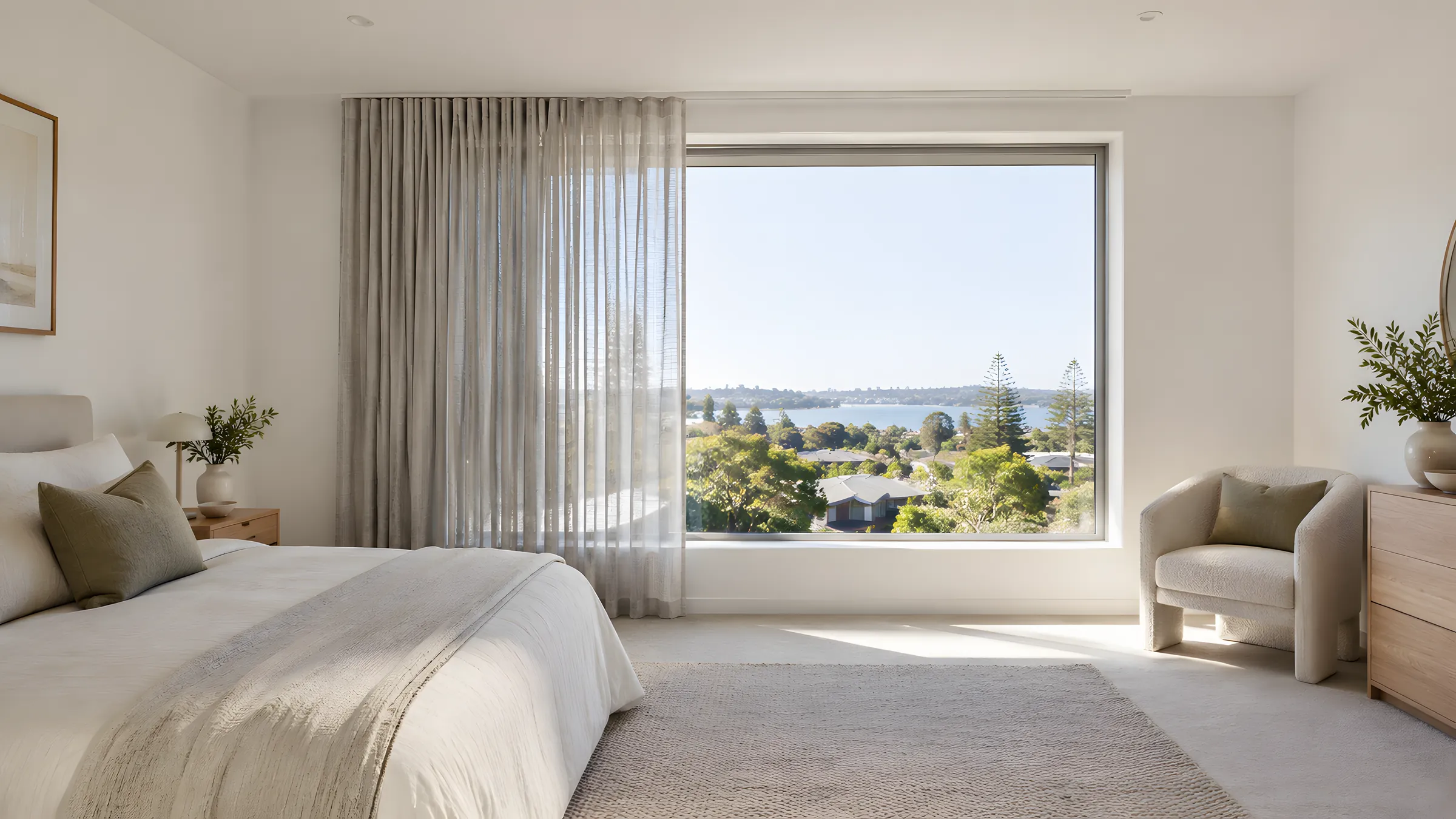 White Designer curtain track fixed to a ceiling above S Fold curtains in a bedroom