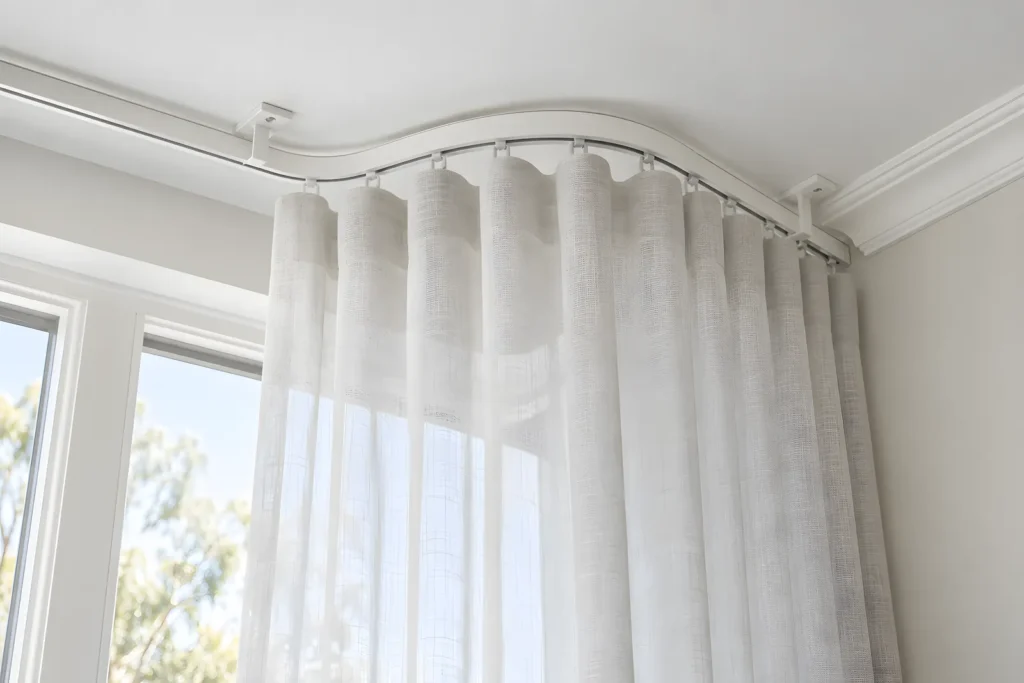 Close view of a curved curtain track turning a 90-degree corner on the ceiling above a box bay window