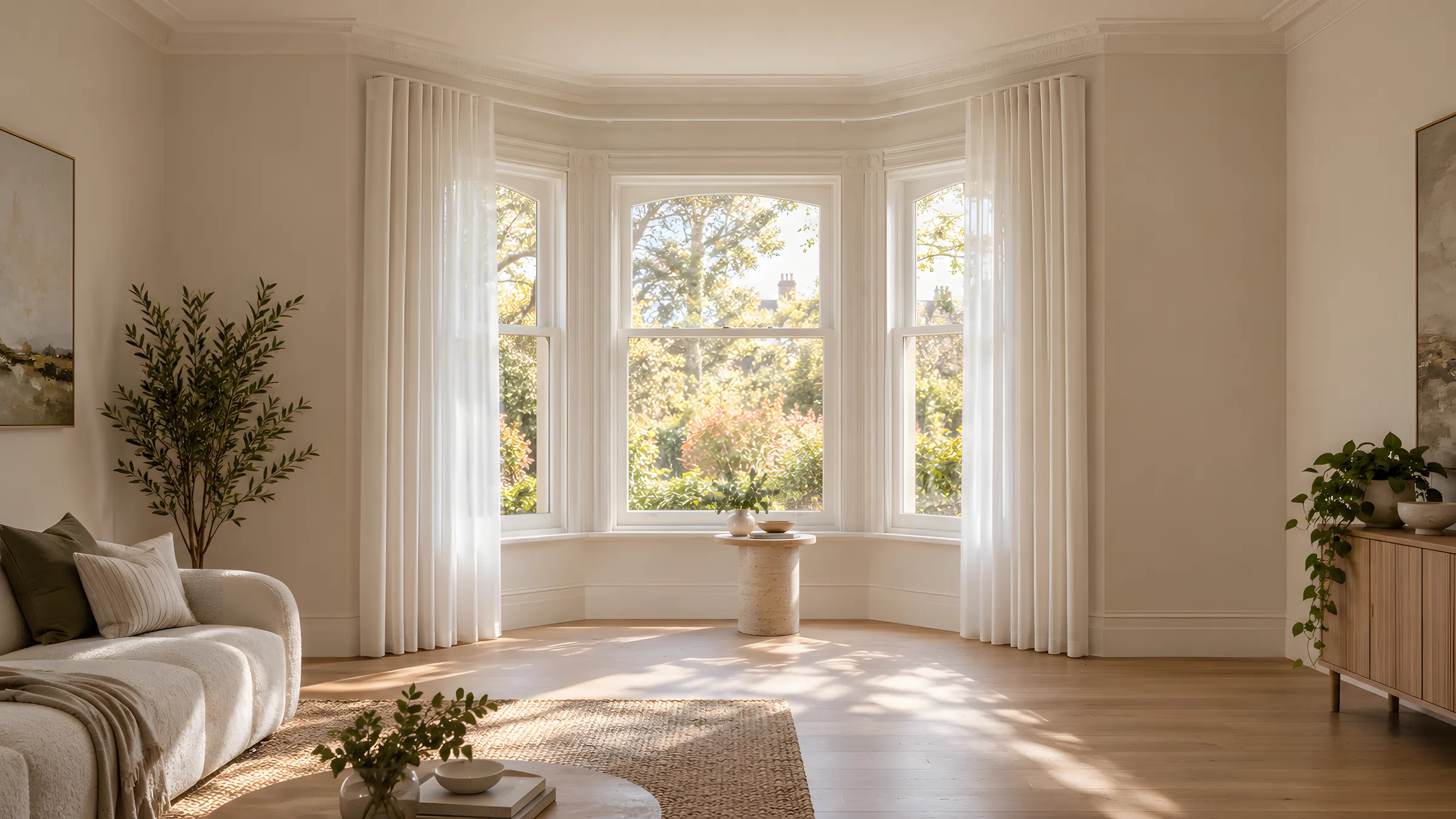 Sheer S Fold curtains on a curved track following a three-sided bay window