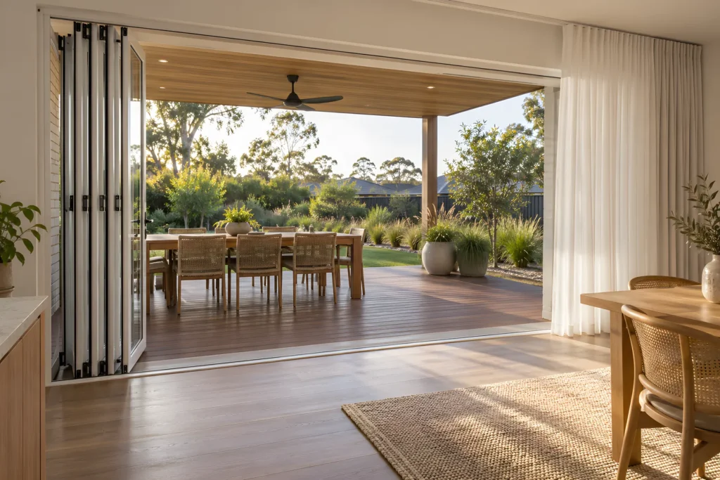 Bali sheer curtains drawn beside folded bifold doors opening onto a patio