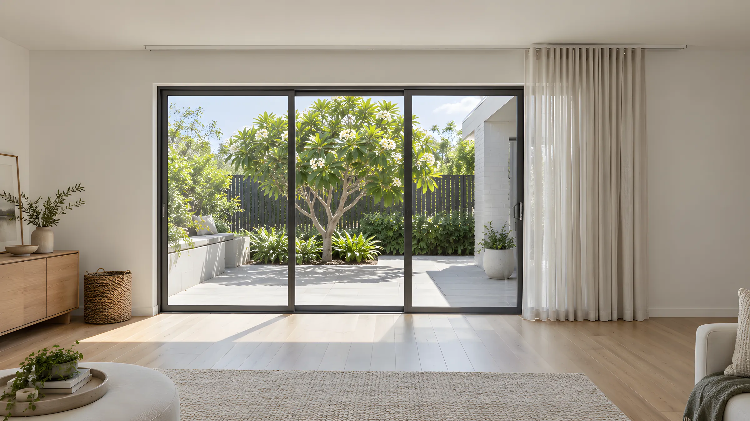 Sheer S Fold curtains drawn to one side of a wide sliding door