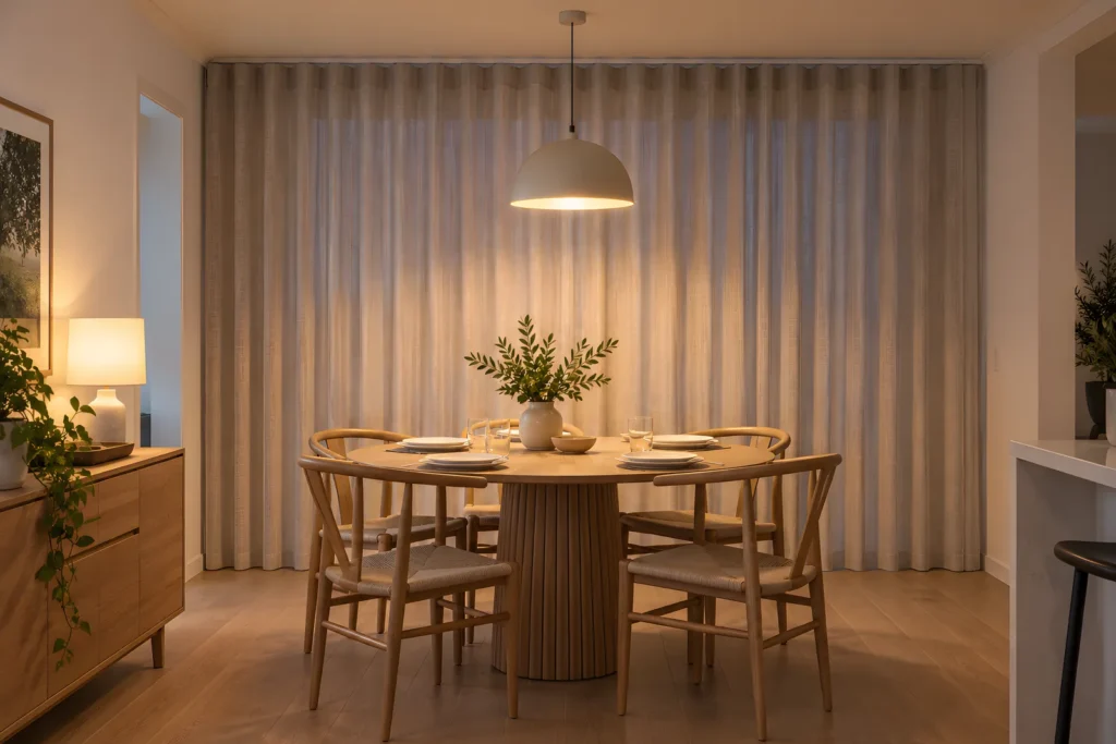 Lined curtains drawn closed at a dining room window in the evening with a pendant lamp lit over the table