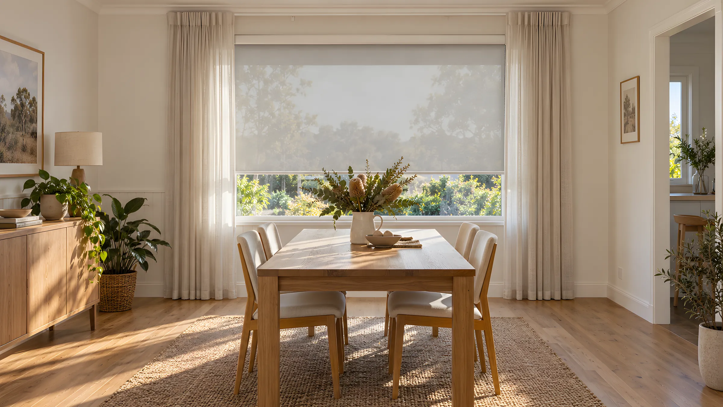 Dining room curtain ideas: a SunScreen roller blind half lowered with sheer curtains drawn to each side