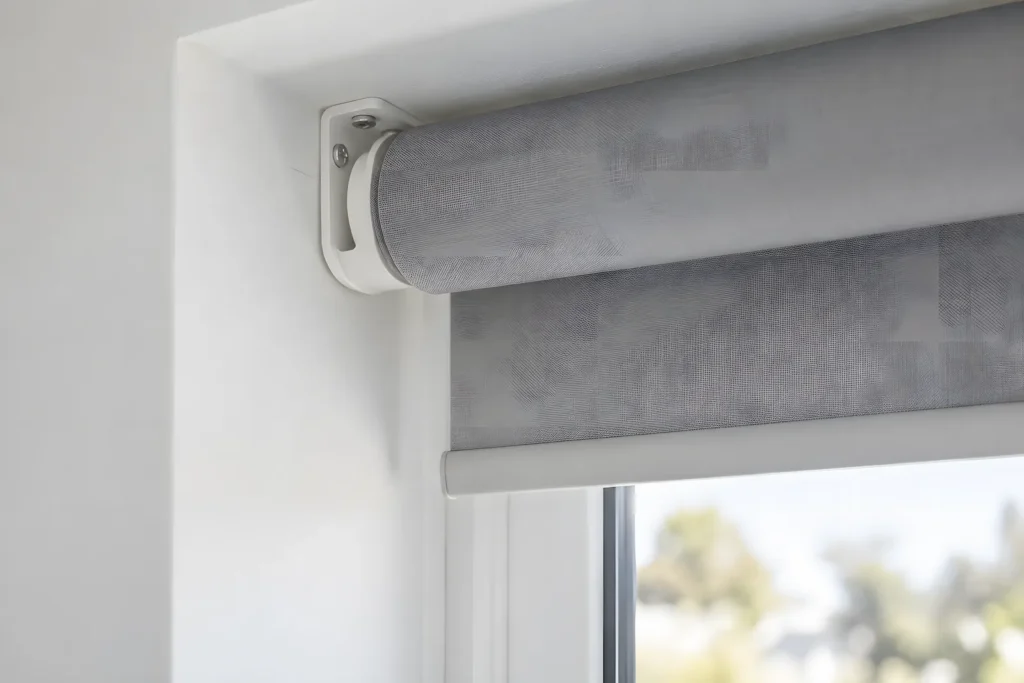 Close-up of a roller blind end seated in a white bracket at the top corner of a window recess