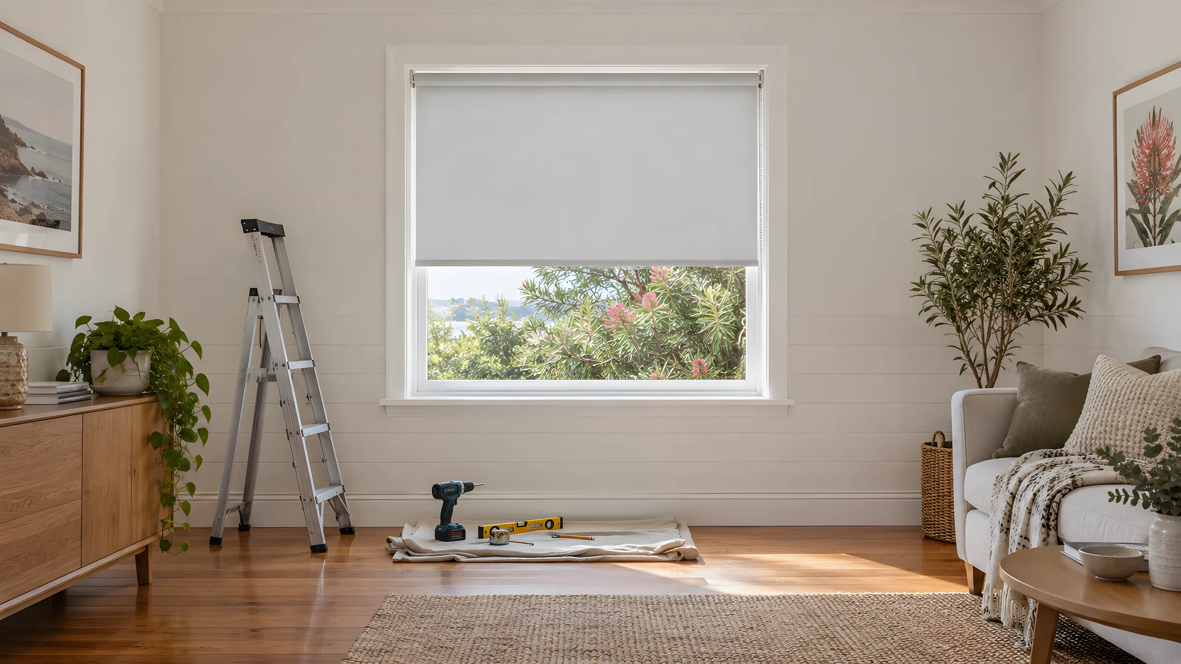 DIY blinds: a newly fitted roller blind with a stepladder, cordless drill and spirit level beside the window