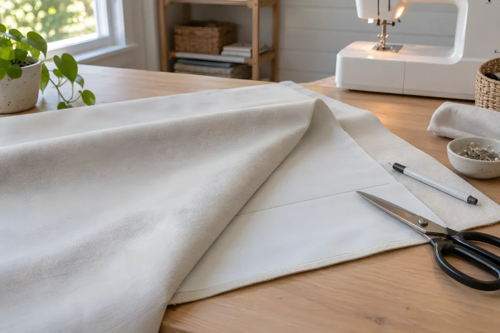 Coated blockout curtain fabric folded back to show its white coated reverse beside a sewing machine foot