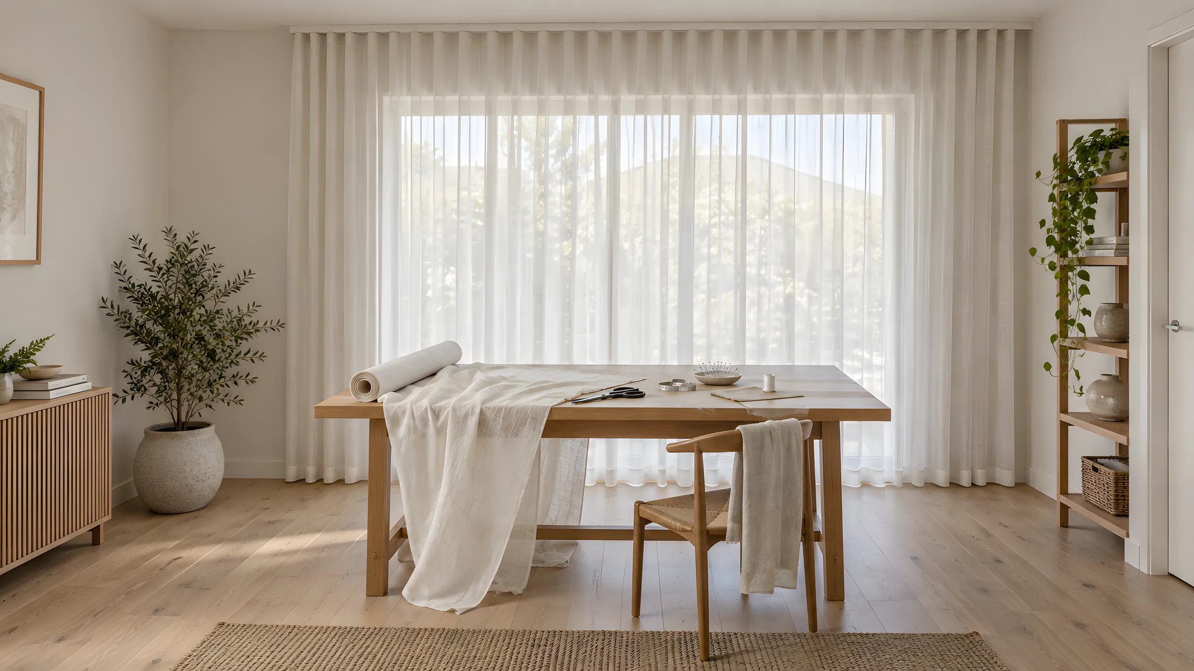 DIY curtains: sheer fabric on a cutting table with shears and tape, and finished S Fold curtains hanging behind