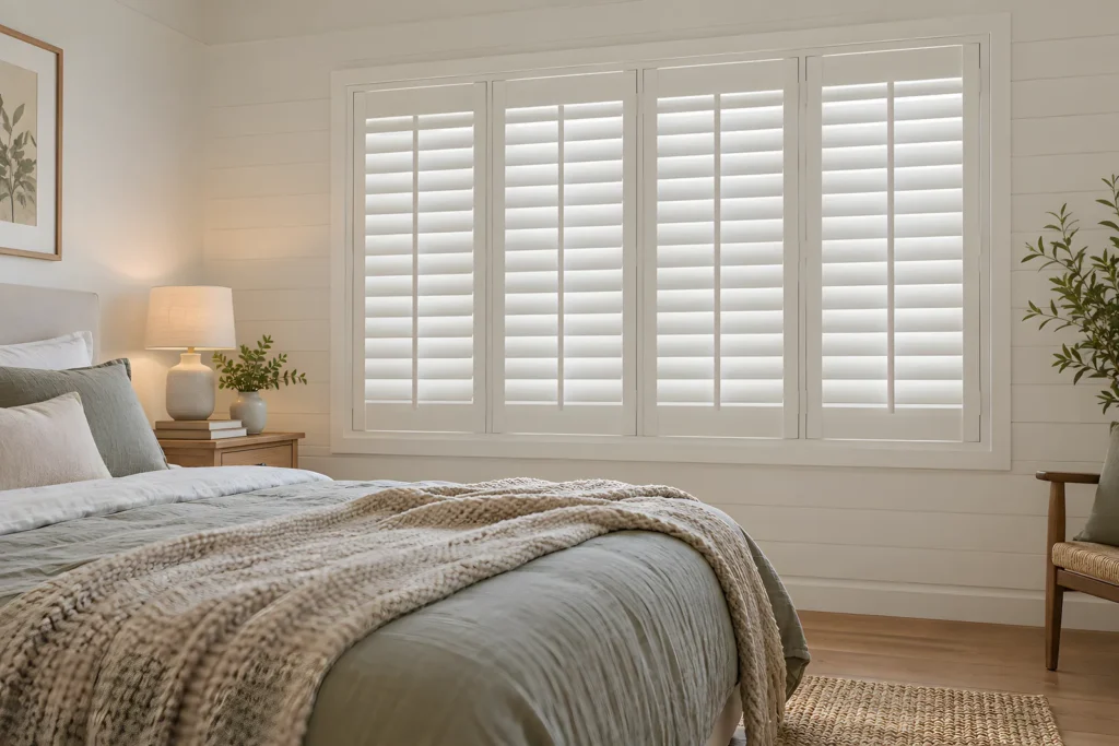 Closed PVC plantation shutters in a bedroom