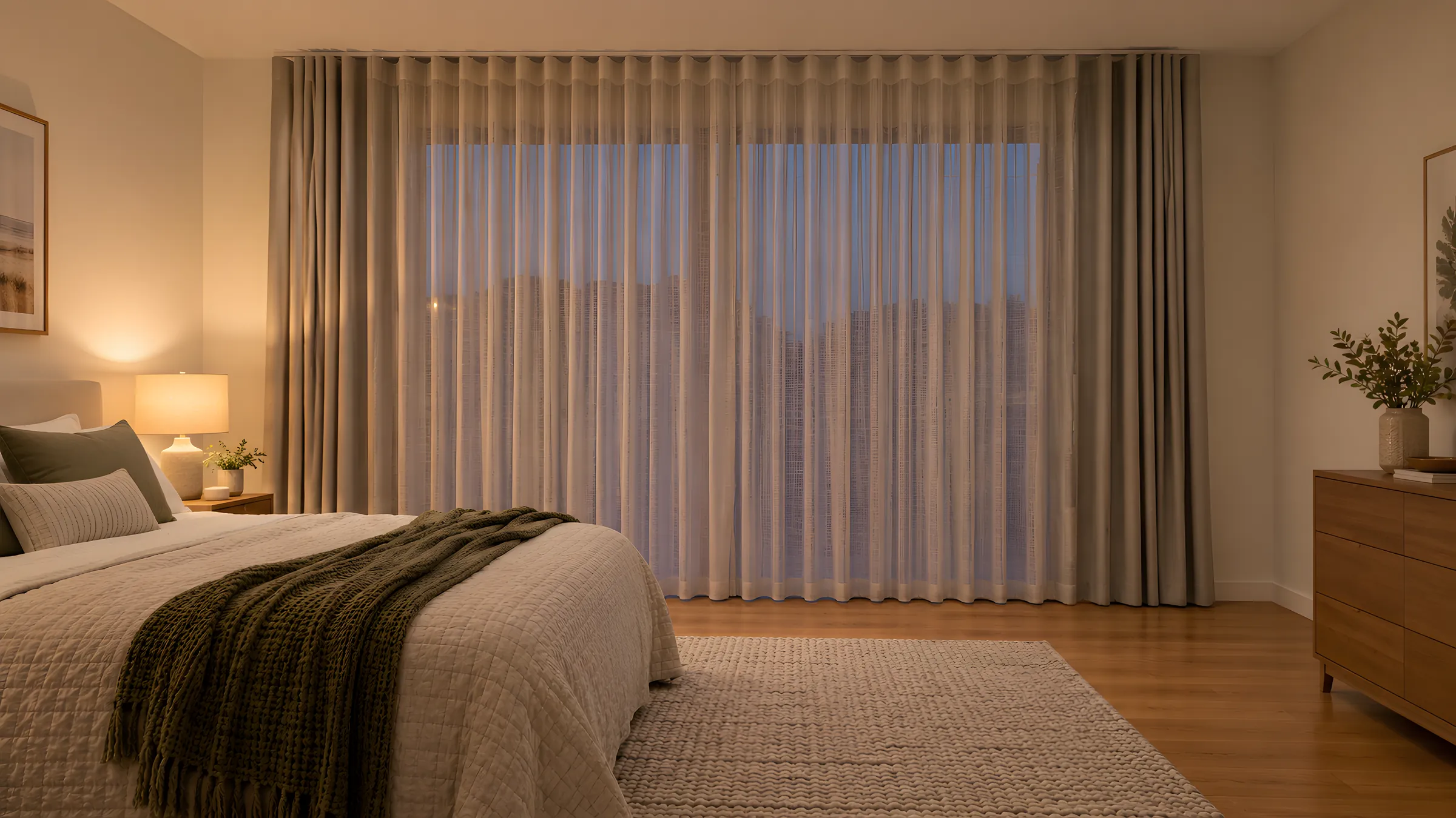 Do blackout curtains reduce noise? Sheer and blockout double curtains drawn across a bedroom window on a quiet street