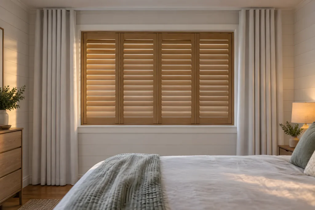 Bedroom window with closed shutters and blockout curtains drawn open at each side on a curtain track