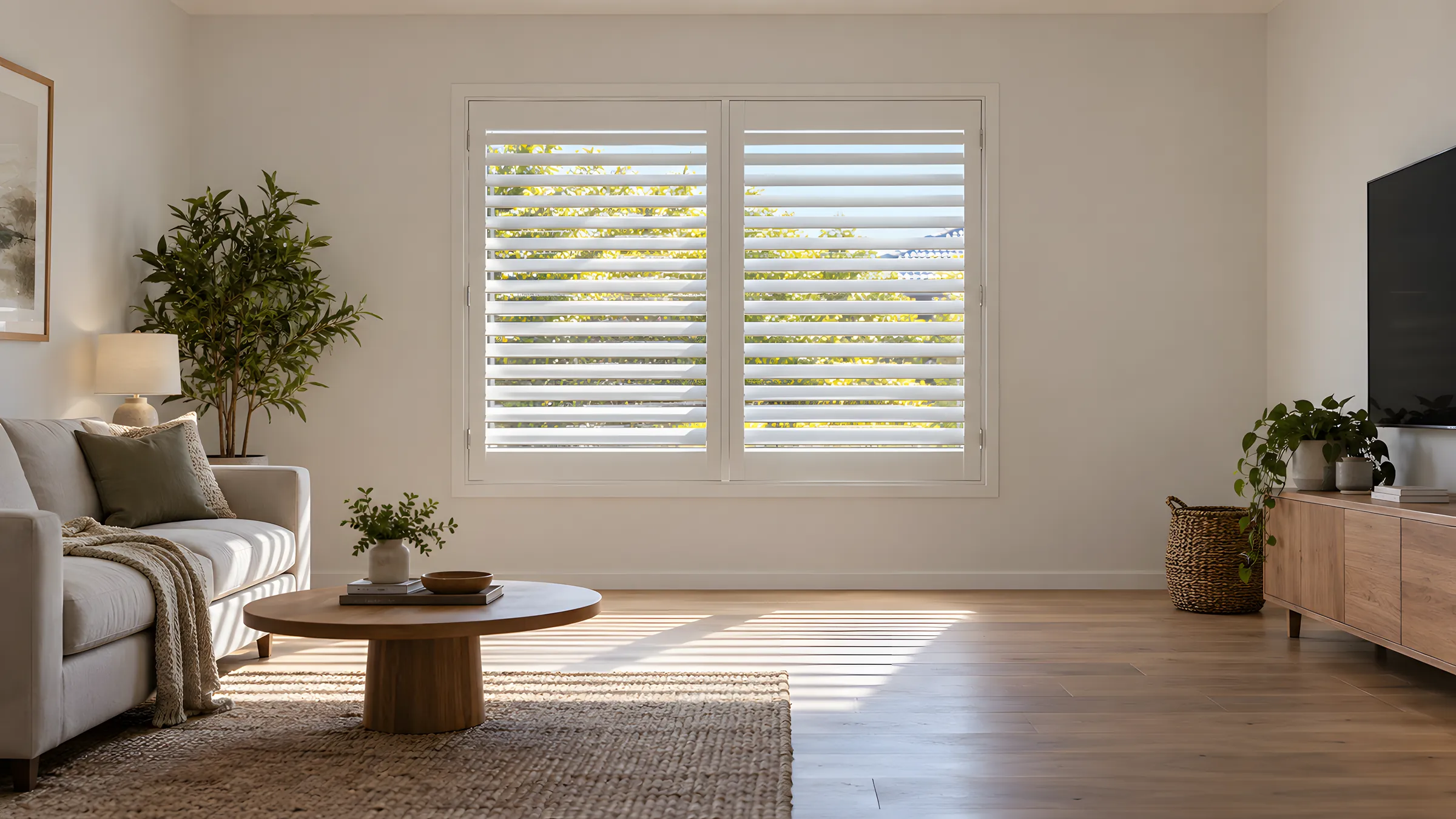 Do plantation shutters block out light? White shutters with tilted blades casting stripes of sunlight on a timber floor