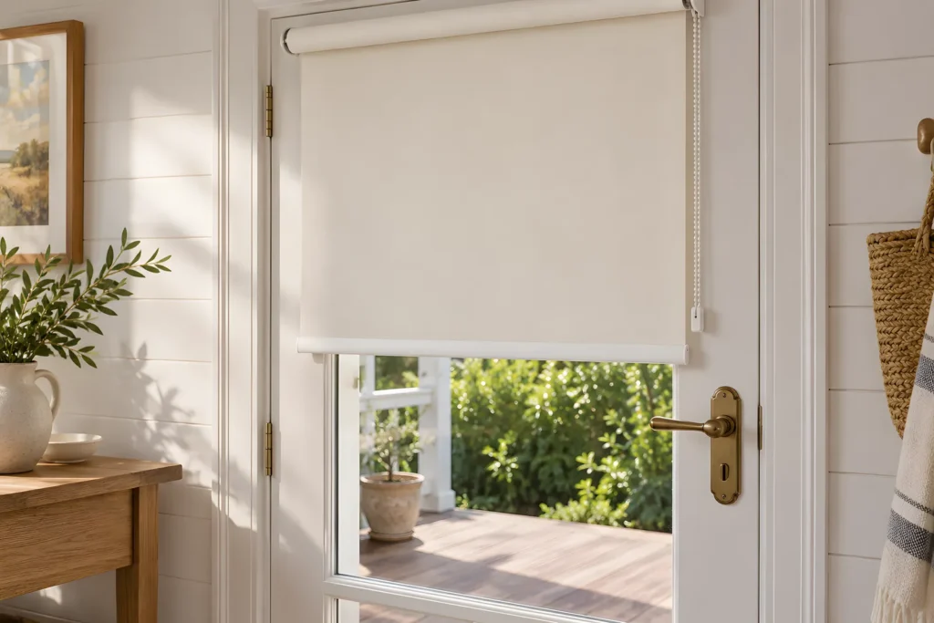 Front-roll roller blind clearing the handle of a French door