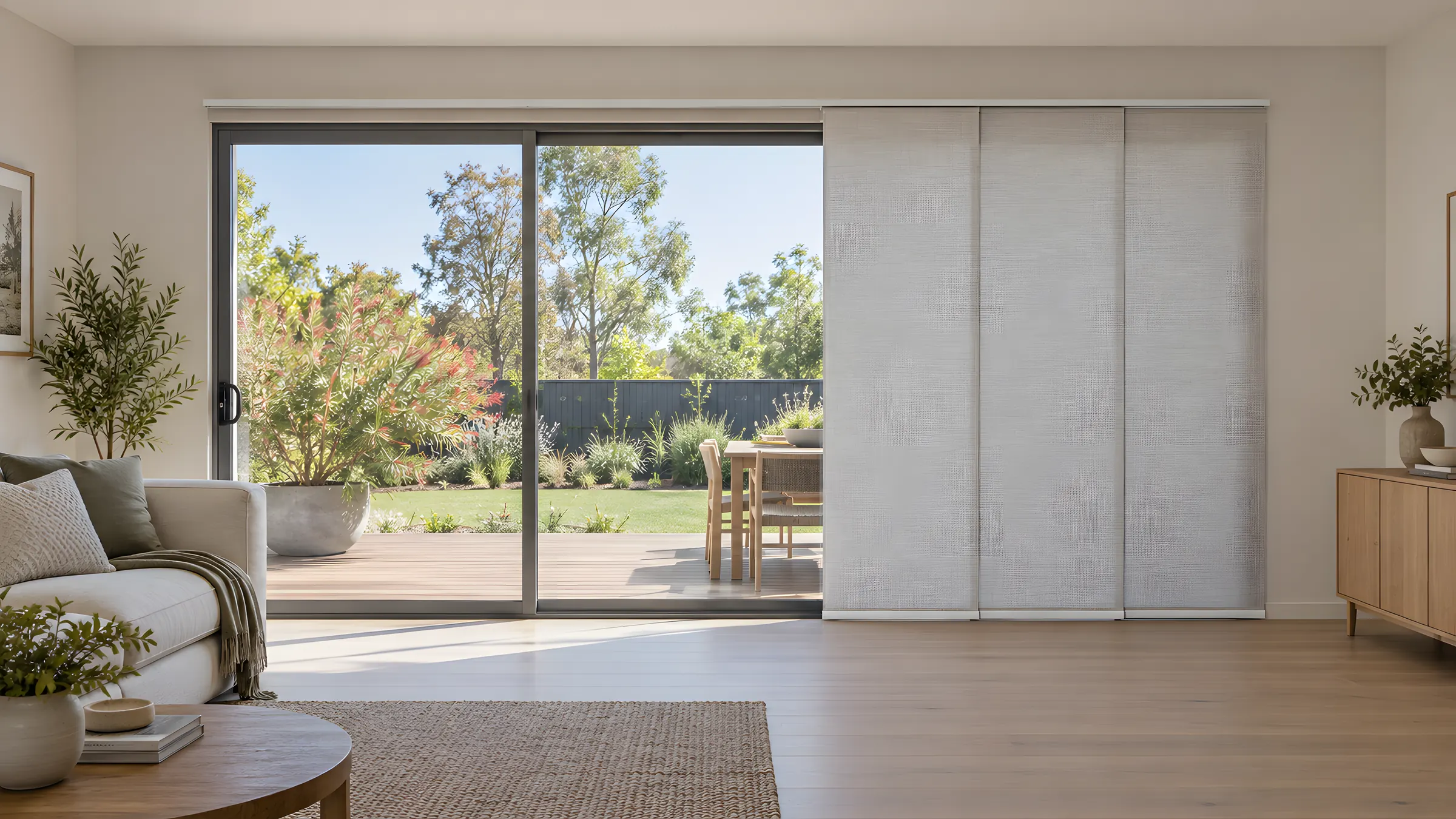 Best blinds for sliding doors: panel glide blinds stacked to one side of a wide sliding door in a living room