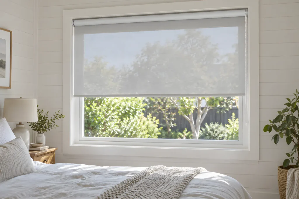 A bedroom double roller with the SunScreen layer lowered and the blockout layer rolled up