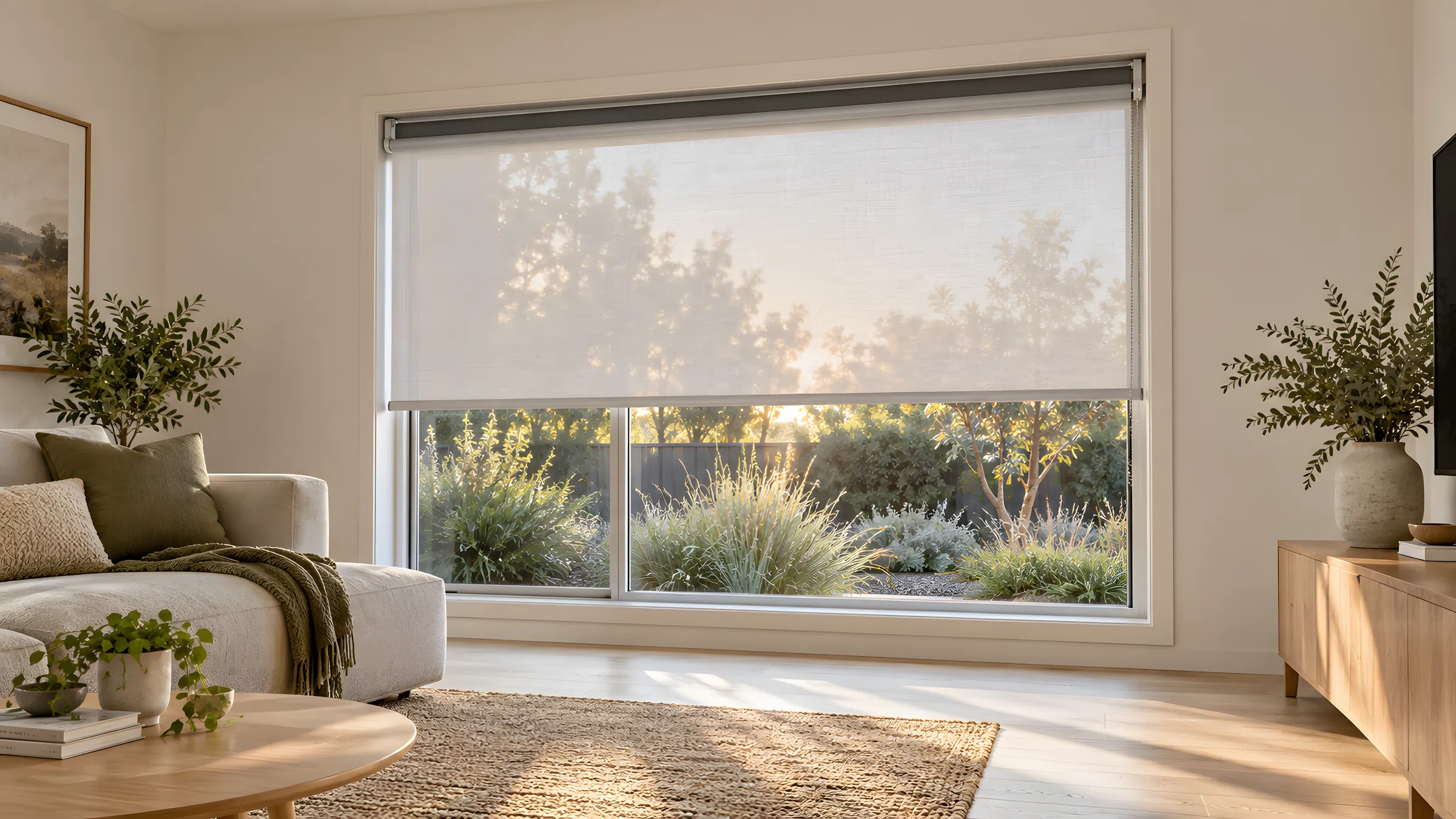 A double roller blind with a light filter layer lowered over a living room window