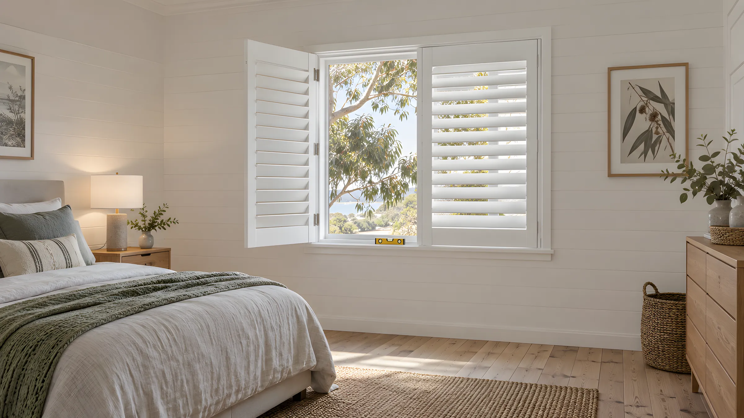 How to fix plantation shutters: a pair of white shutter panels in a bedroom window, one swung open to show its hinges