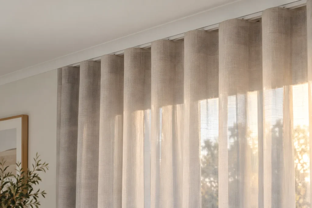 Close view of a white ceiling track above S Fold curtain waves, tucked inside a plaster cornice