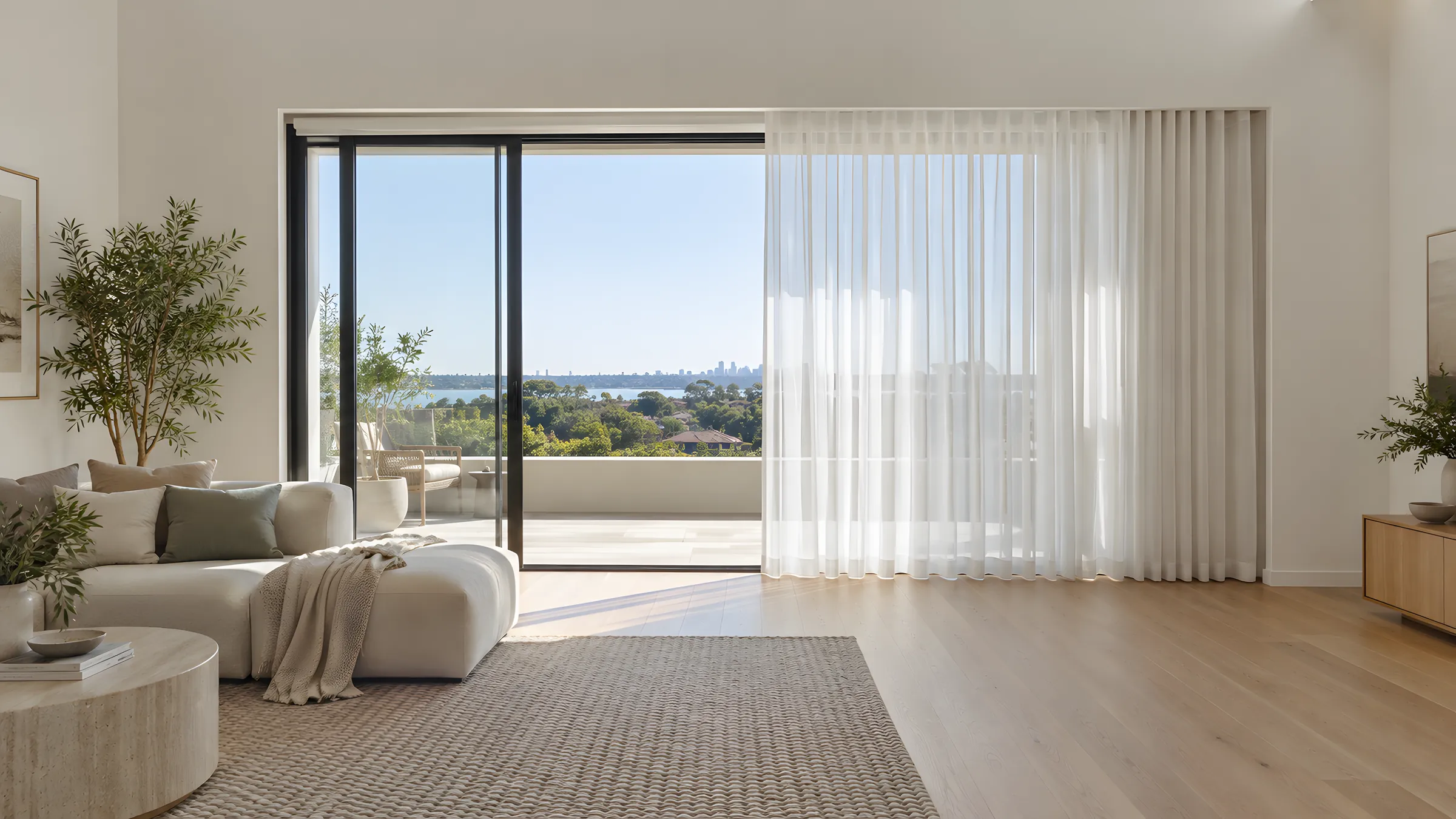 Floor to ceiling curtains: full-height Bali Snow sheer curtains with S Fold waves beside a sliding door