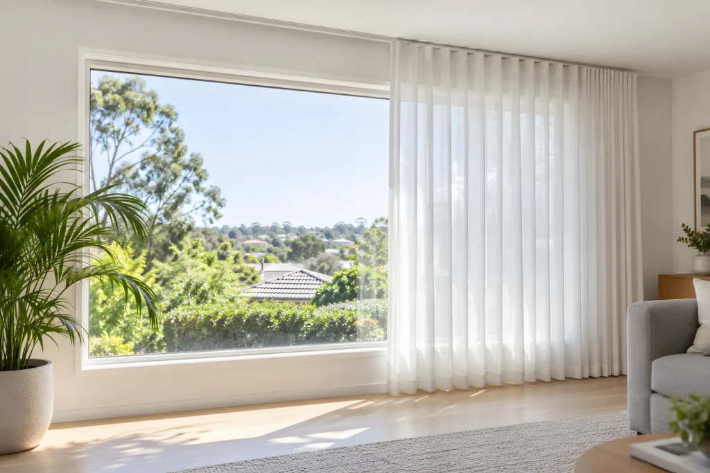 A white curtain track fixed to the ceiling above a window with sheer curtains stacked to one side