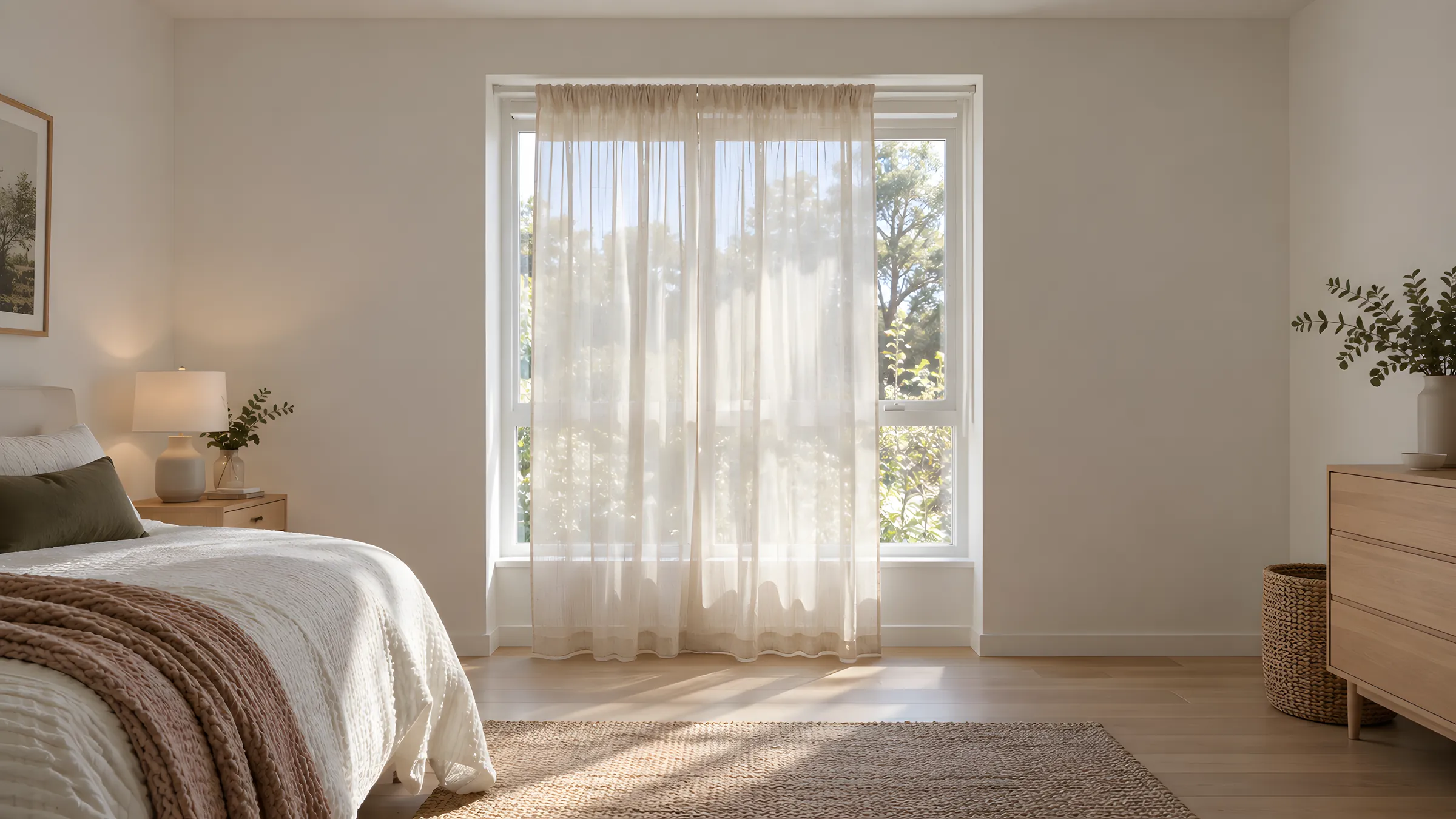 No drill curtain rod holding a light sheer curtain inside a bedroom window recess