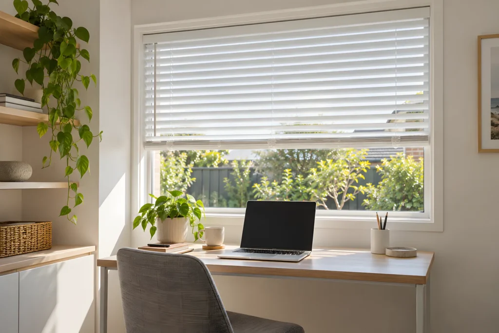 Aluminium venetian blind with slats tilted upward beside a desk