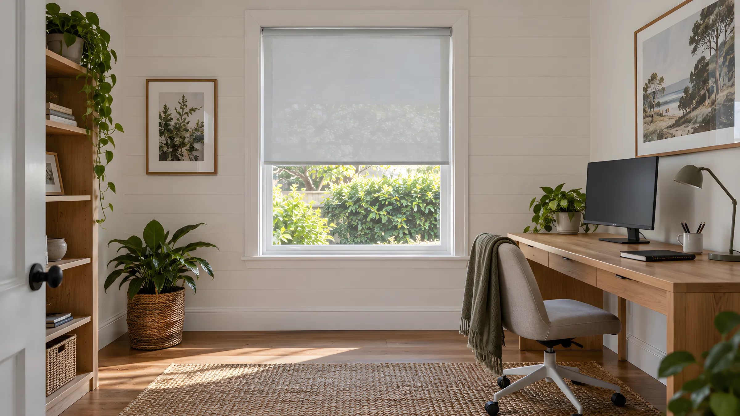 SunScreen roller blind lowered two-thirds beside a desk with a monitor in a home office