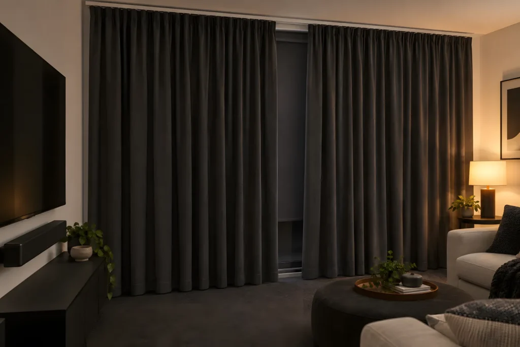 Blockout curtains drawn over a lowered blind in a media room