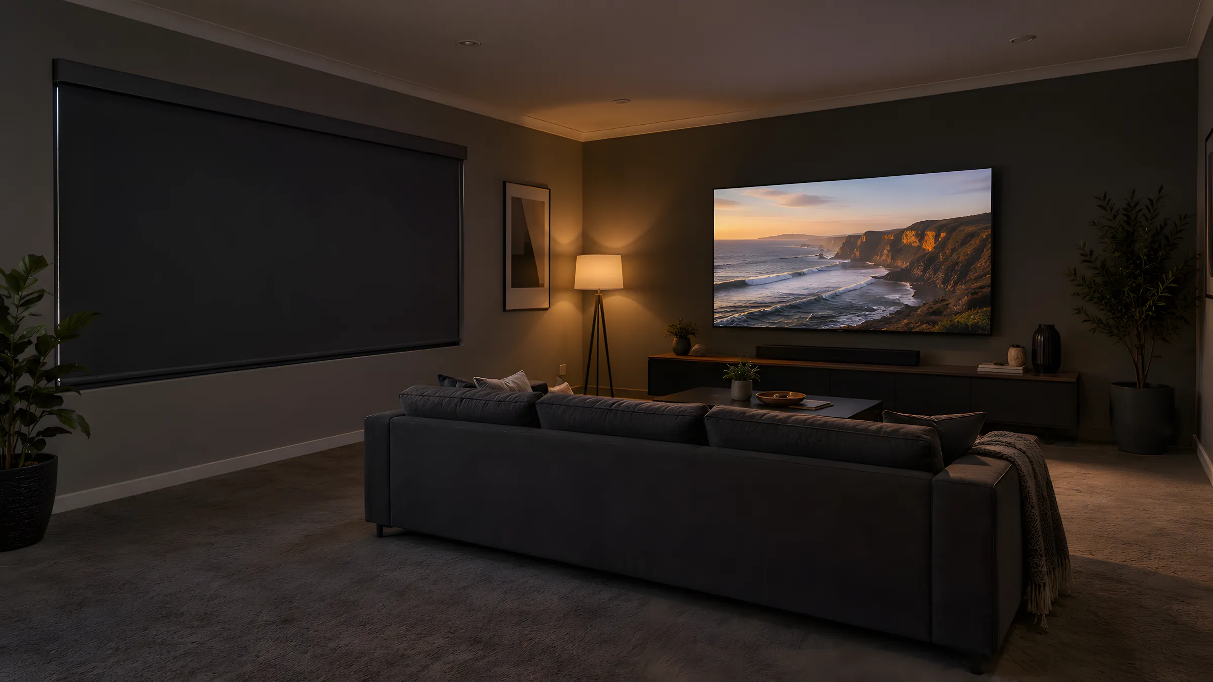 Dim home theatre room with a blockout roller blind in a full cassette lowered over the window
