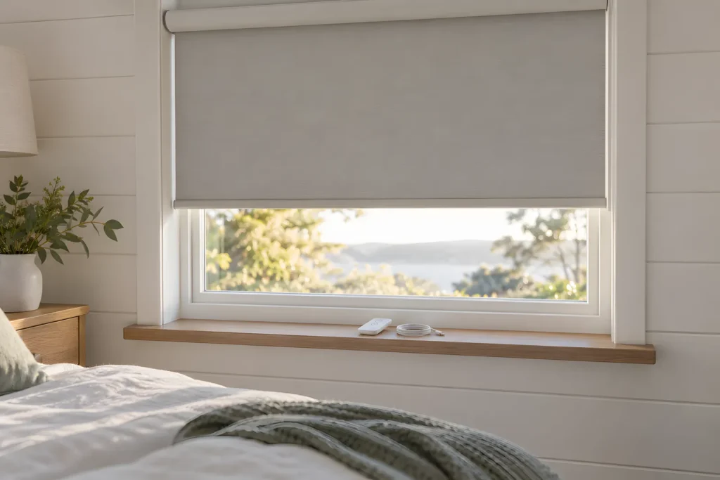 A motorised roller blind with a small remote control and a charging lead on the windowsill