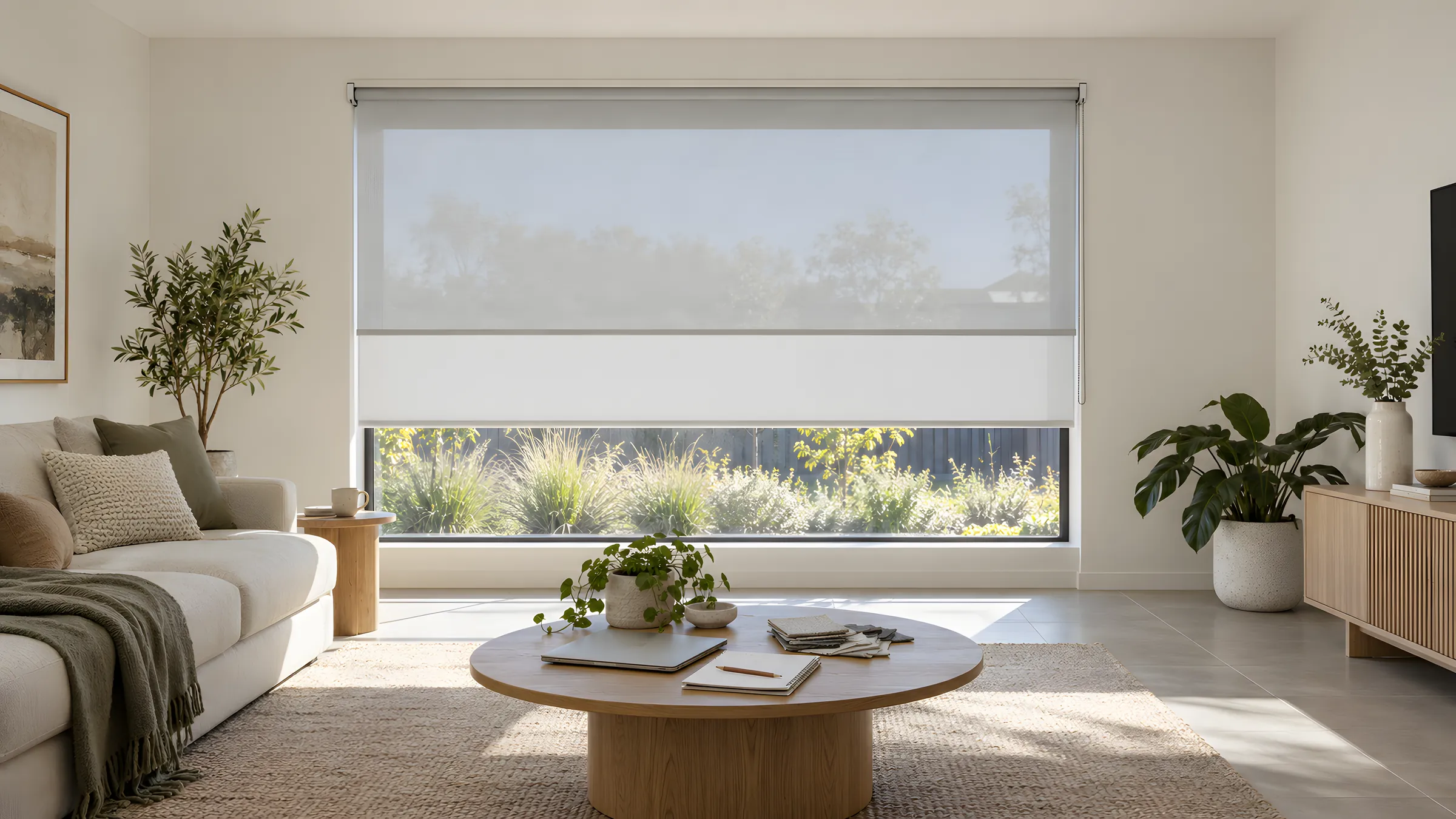 How much do blinds cost? A double roller blind in a living room window with budget notes on the coffee table