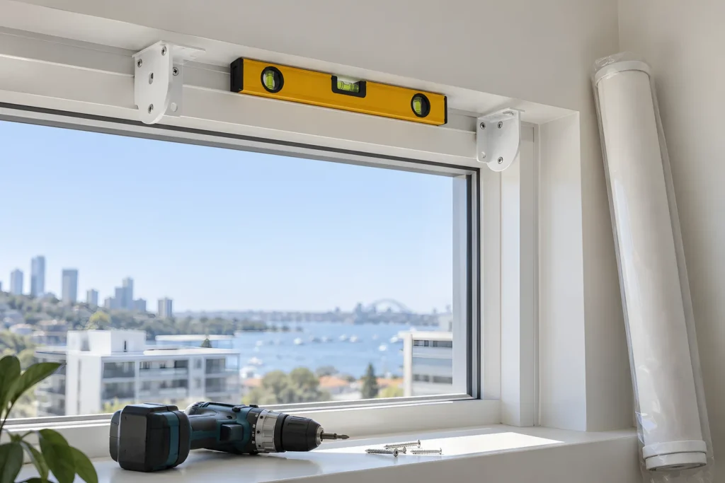 Roller blind brackets fixed to the top of a window frame with a cordless drill and spirit level nearby