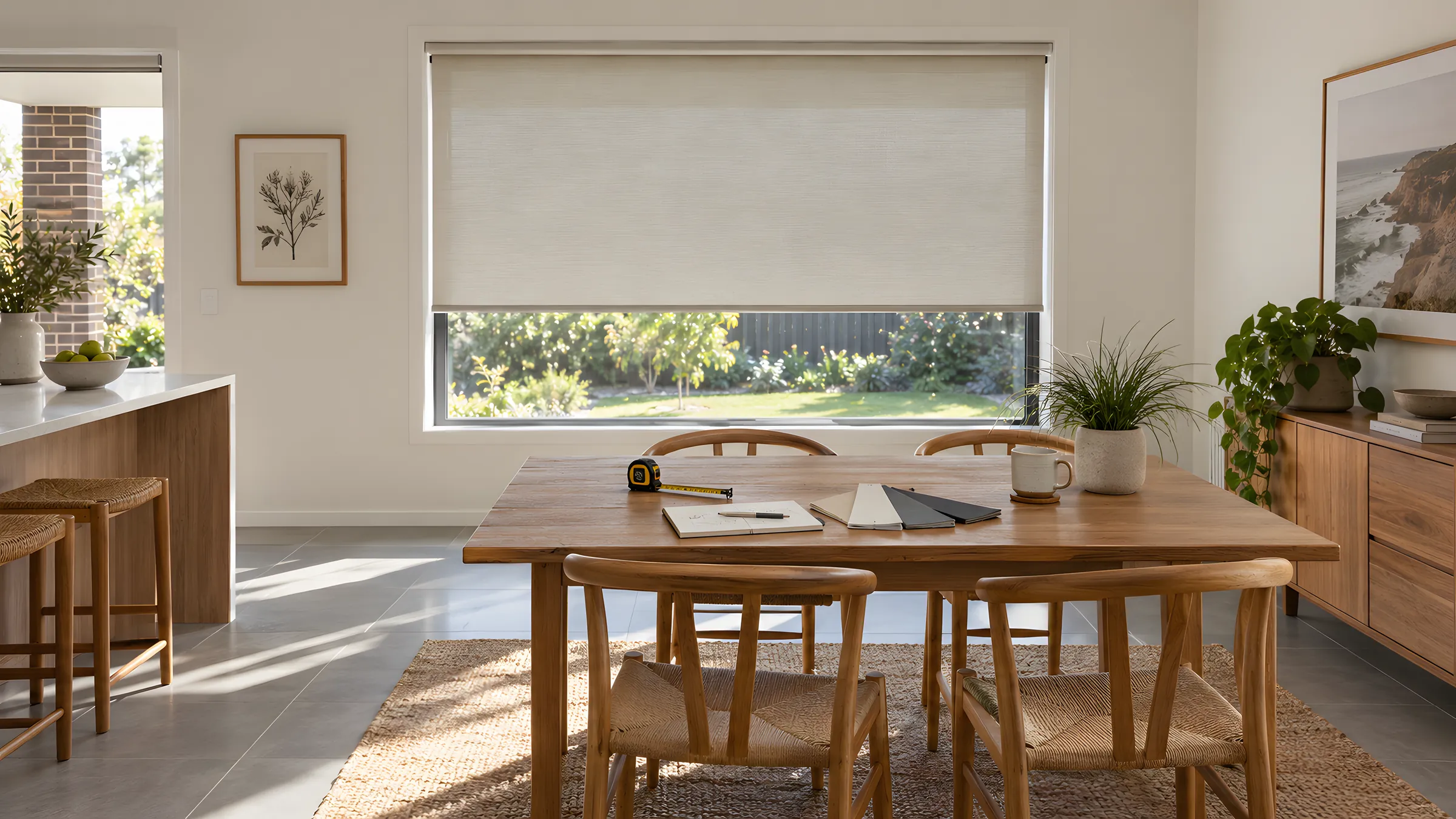 Buy blinds online: fabric samples, a tape measure and a notepad on a kitchen table beside a sunny window