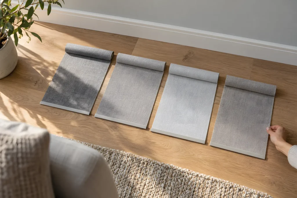 Fabric samples held against a skirting board and timber floor in afternoon light