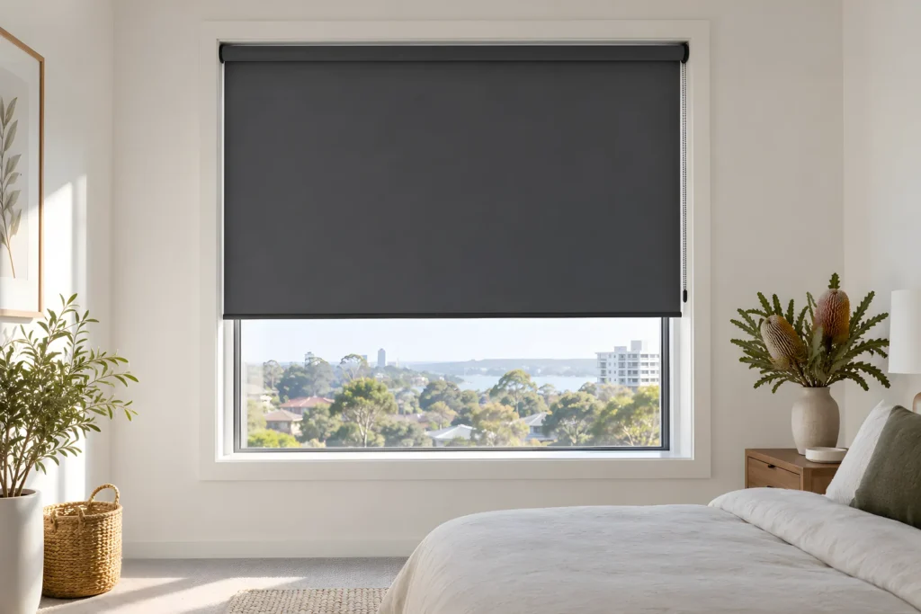 A dark charcoal roller blind in a bedroom recess with a matching coloured backing