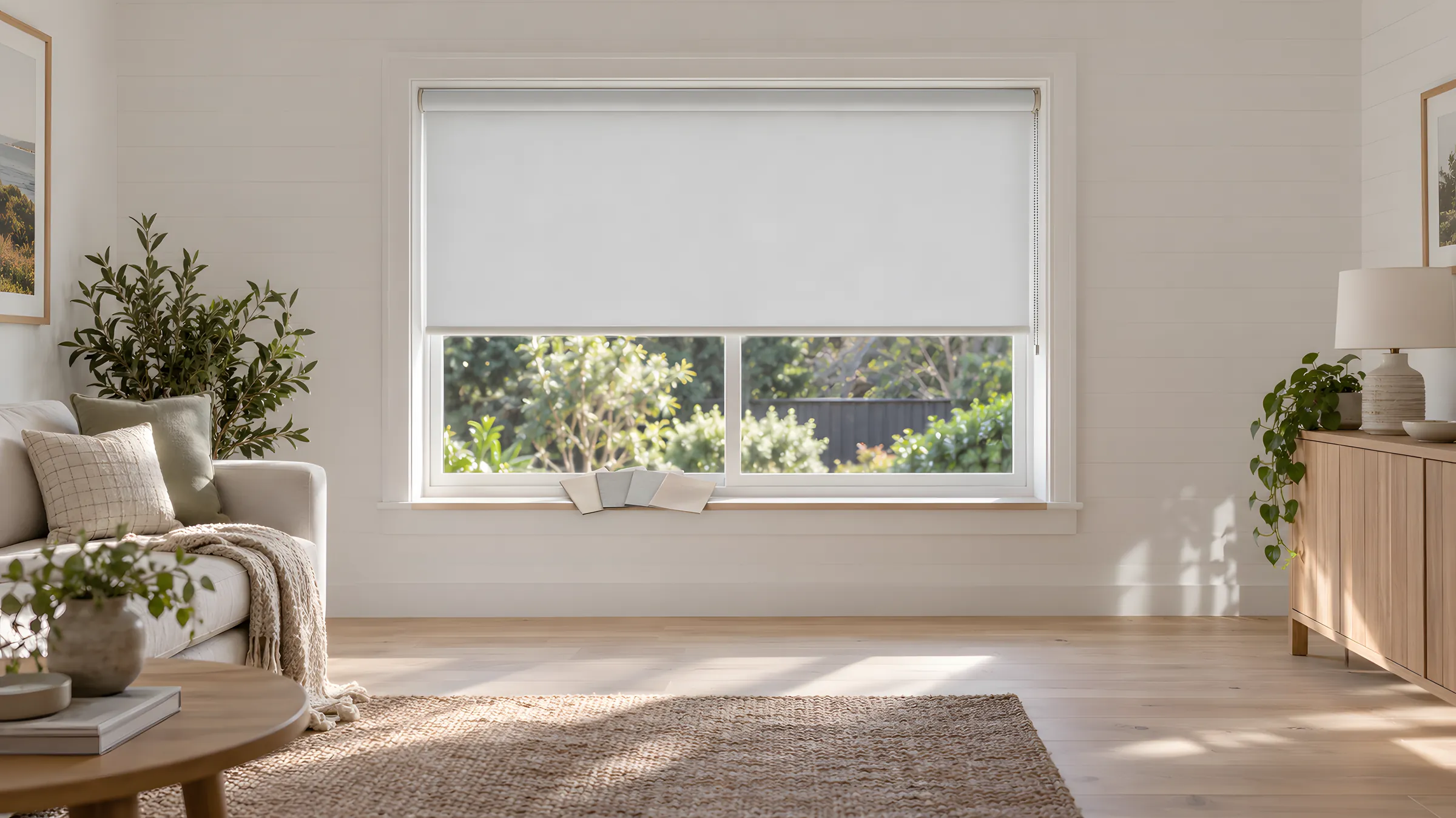 Roller blind colours: four fabric samples on a windowsill in front of a roller blind in a living room