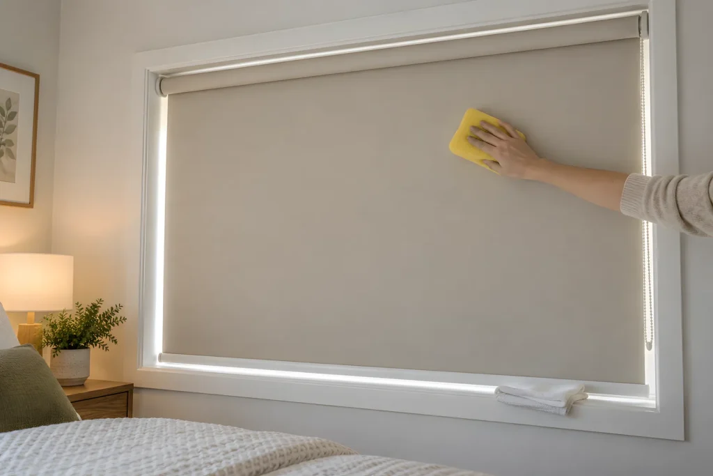 Hand wiping a lowered roller blind with a damp sponge from the top down