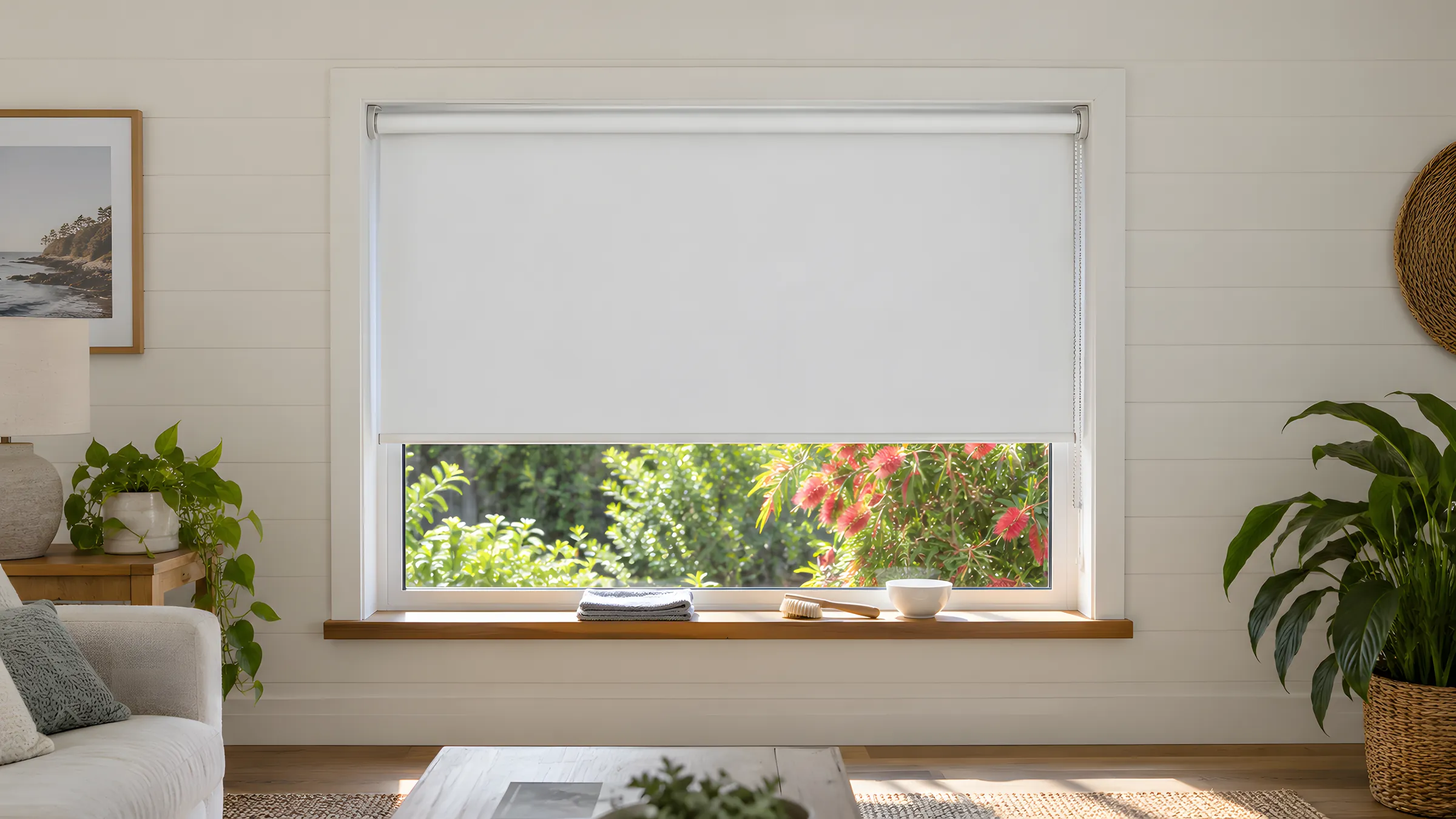 How to clean blinds: a white roller blind half lowered with a microfibre cloth and soft brush on the sill