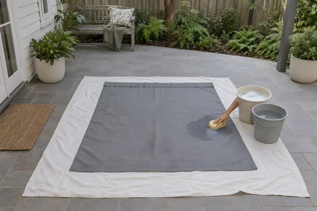 Blockout curtain laid flat on a clean sheet in the shade while a sponge is used to wash a section