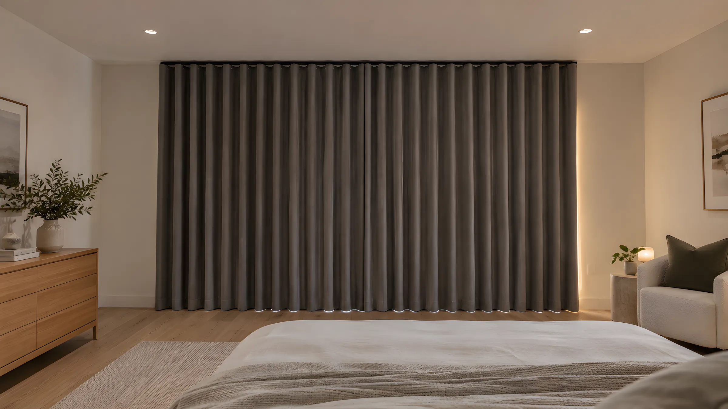 How to clean blockout curtains: charcoal blockout curtains drawn closed in a calm main bedroom